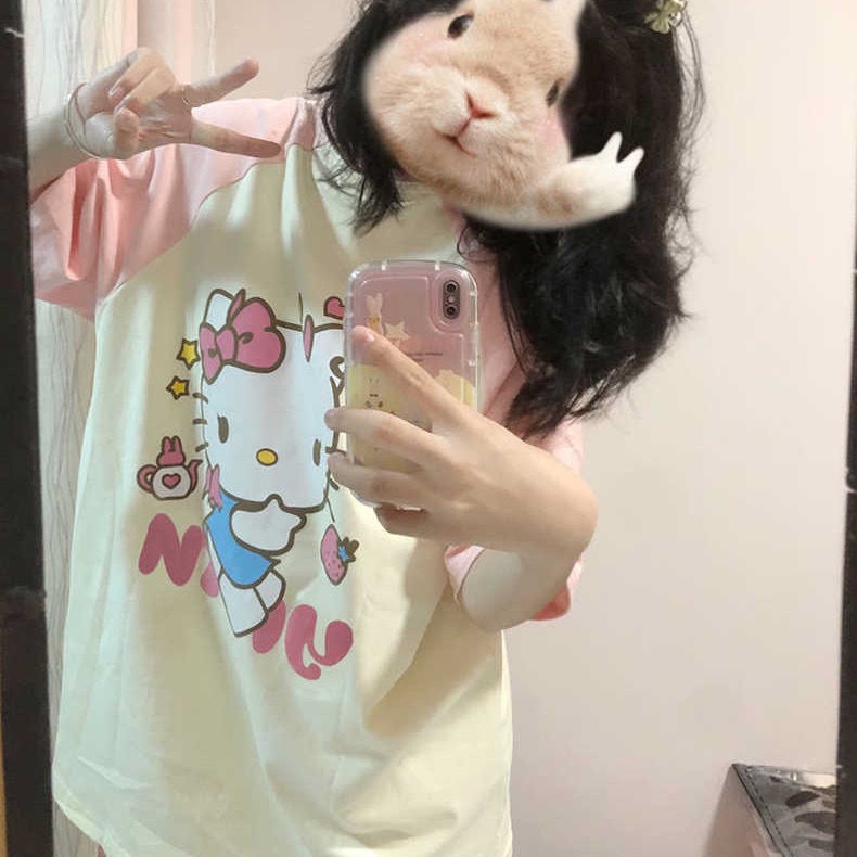 Áo Thun Raglan Tay Ngắn Dáng Rộng In Họa Tiết Mèo Hoạt Hình Phong Cách Nhật Bản Cho Nữ