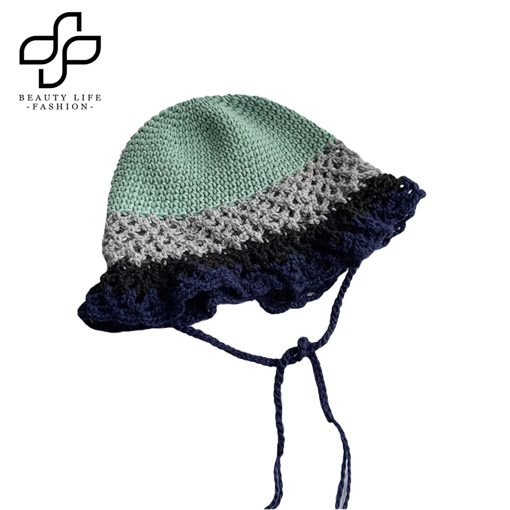 Nón Bucket Dệt Kim Vành Rộng Cột Dây Màu Sắc Thời Trang Cho Nữ