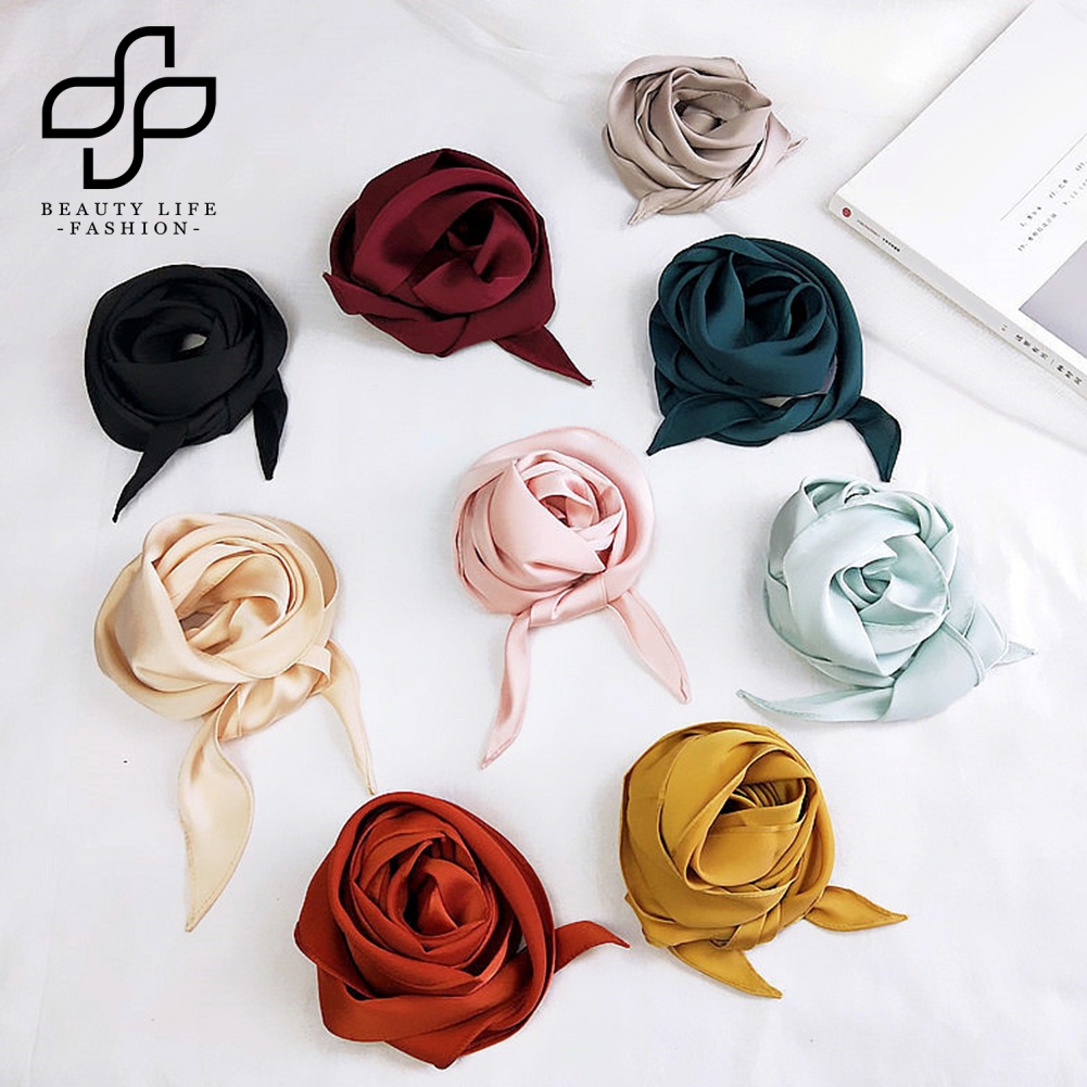 Khăn Quàng Cổ / Cài Đầu Hình Vuông Màu Trơn Bằng Lụa Thời Trang Cho Nữ