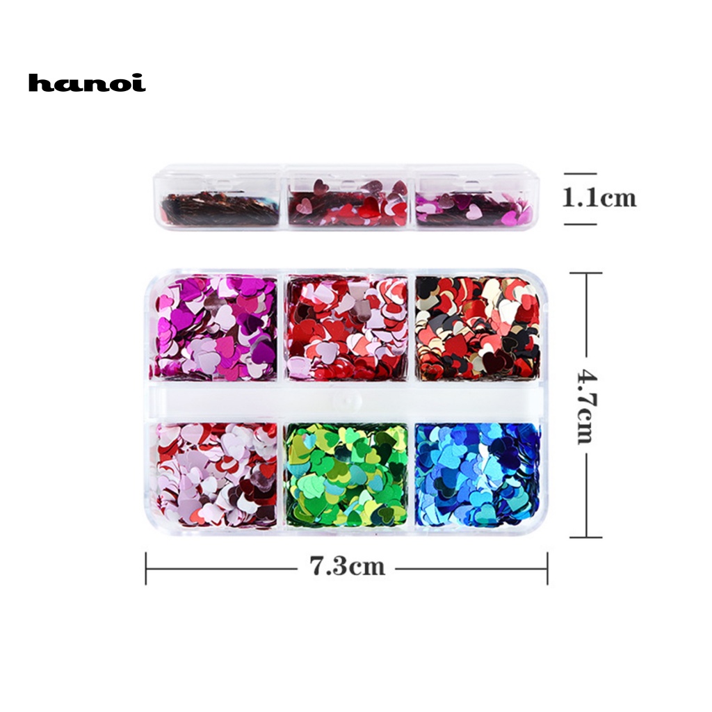 1 Hộp Kim Sa Phản Quang 6 Ngăn Trái Tim Trang Trí Móng Tay DIY