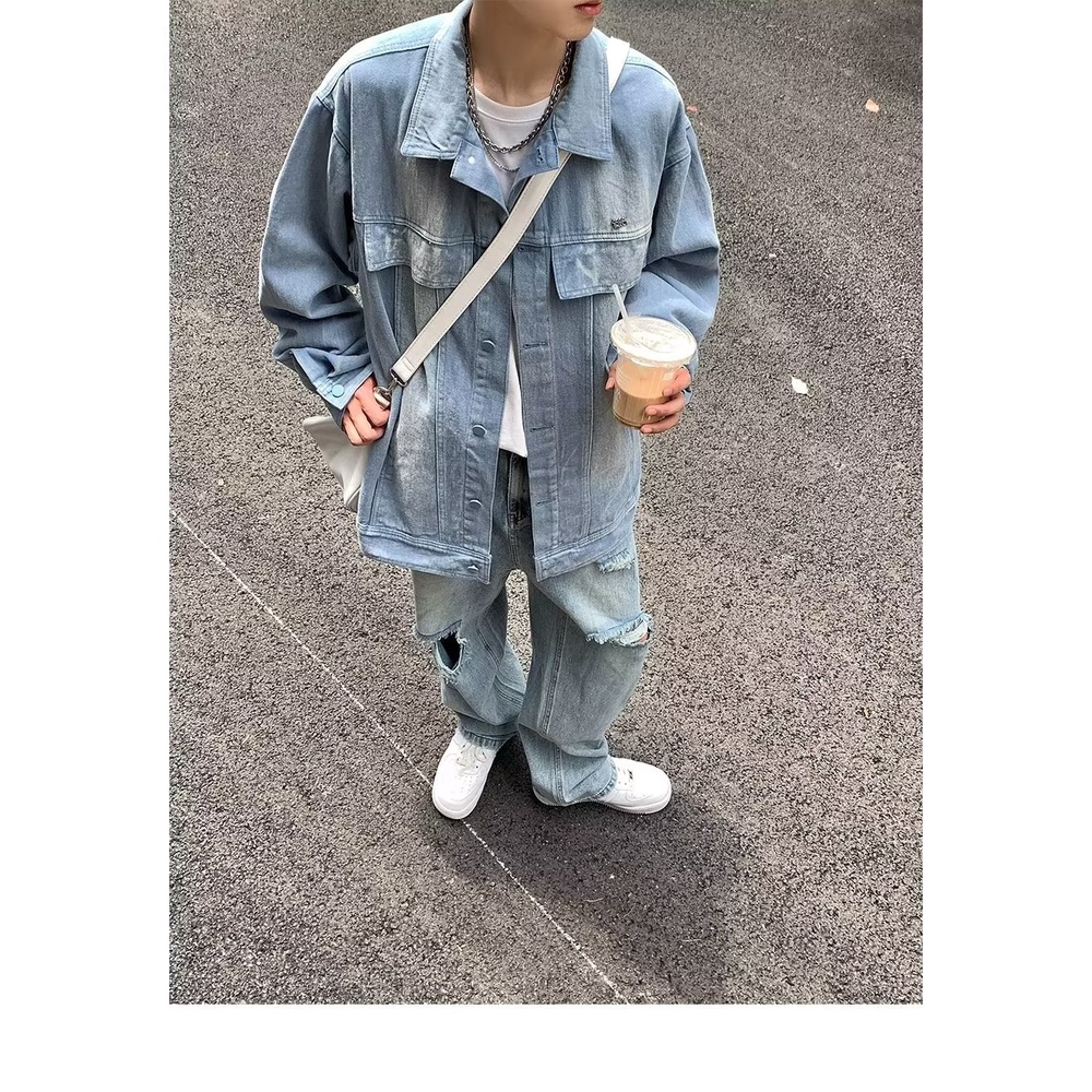 Áo Khoác Denim Dáng Rộng Màu Sắc Cà Phê Phong Cách Retro Đường Phố Cho Nam Giới