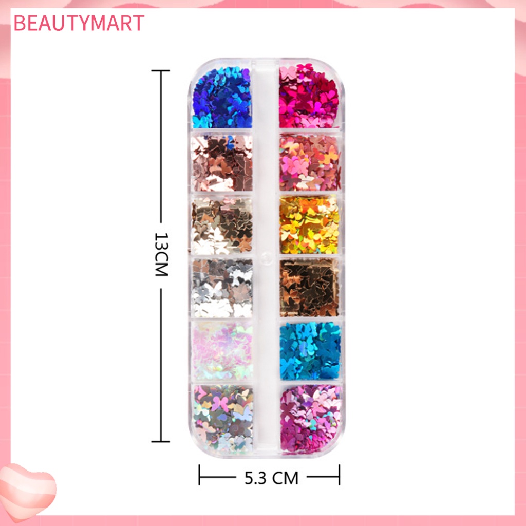 Hộp 12 Ngăn Đựng Hạt Kim Sa Hình Bướm Trang Trí Móng Tay DIY