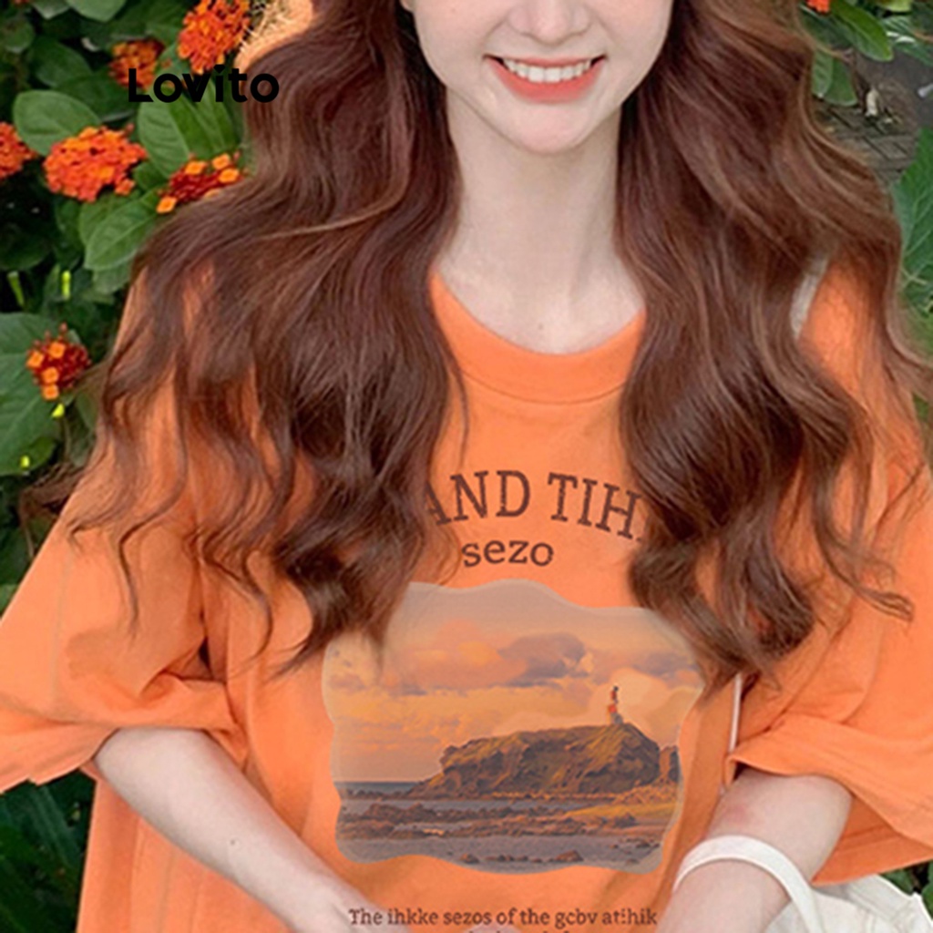 Lovito Áo thun ngắn tay cổ tròn in họa tiết phong cảnh giản dị cho nữ LNA10159 (Quả cam)