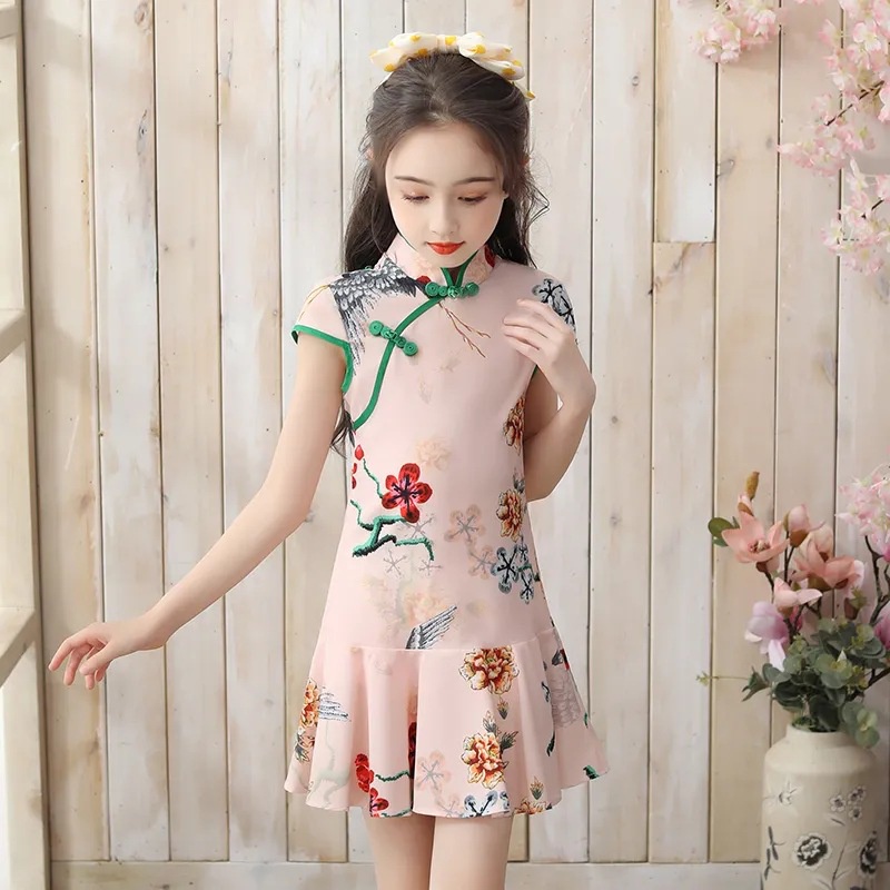 Đầm Sườn Xám Cách Tân Phong Cách Trung Hoa Thời Trang Mùa Hè Cho Bé Gái 110-170CM