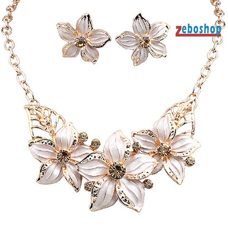 Bộ Vòng cổ + Bông Tai Đính Đá Hình Hoa Thời Trang Cho Nữ