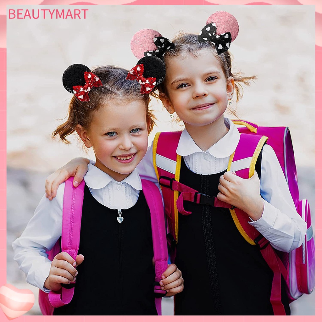 1 Cặp Kẹp Tóc Giả Da Hình Tai Chuột Đính Kim Sa Lấp Lánh Cho Bé Gái