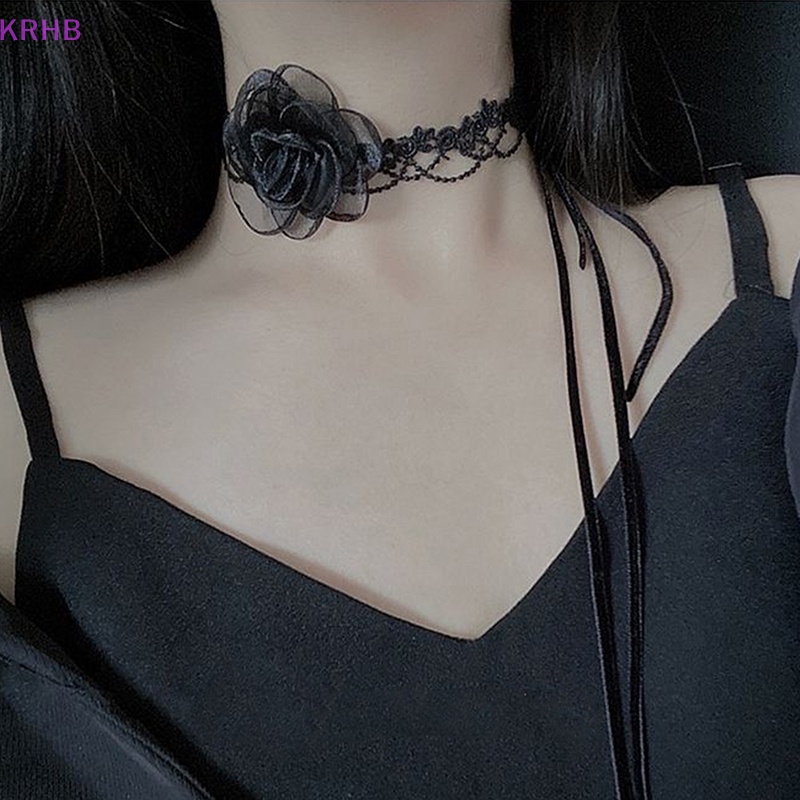 Vòng Cổ Choker Phối Dây Ruy Băng Dài Đính Hoa Trà Đen Phong Cách Gothic Cổ Điển Quyến Rũ Dành Cho Nữ Mới