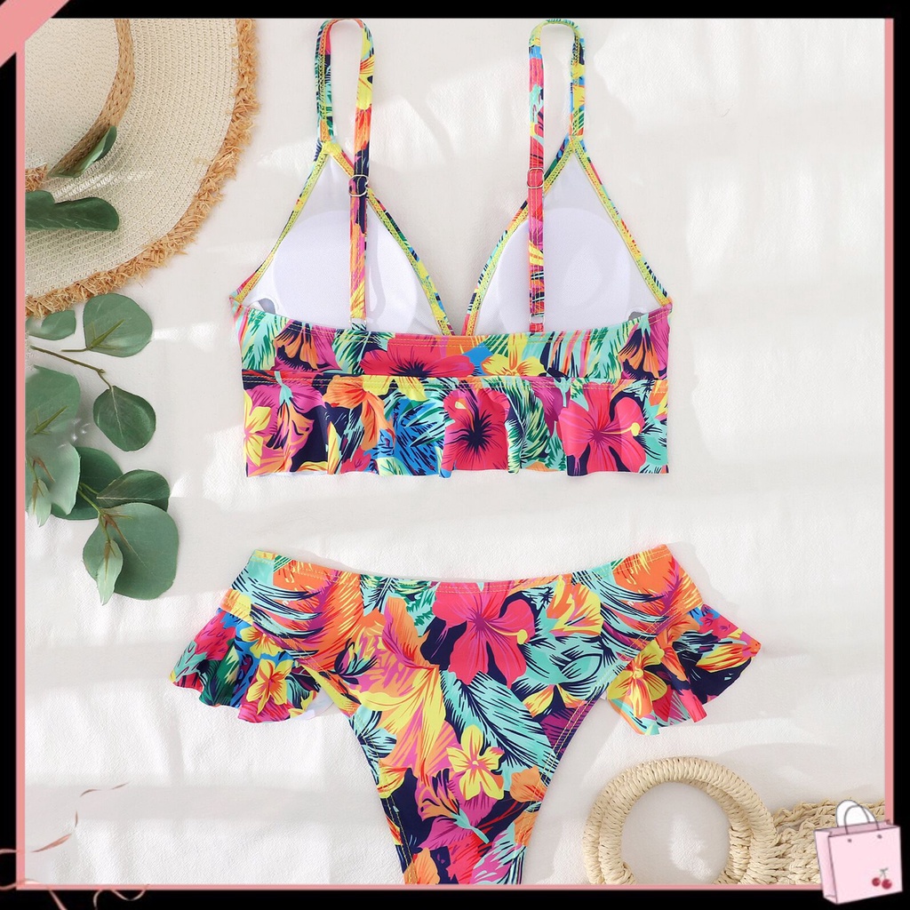Bộ Bikini 2 Mảnh Cổ Chữ V In Hoa Nhiều Màu Sắc