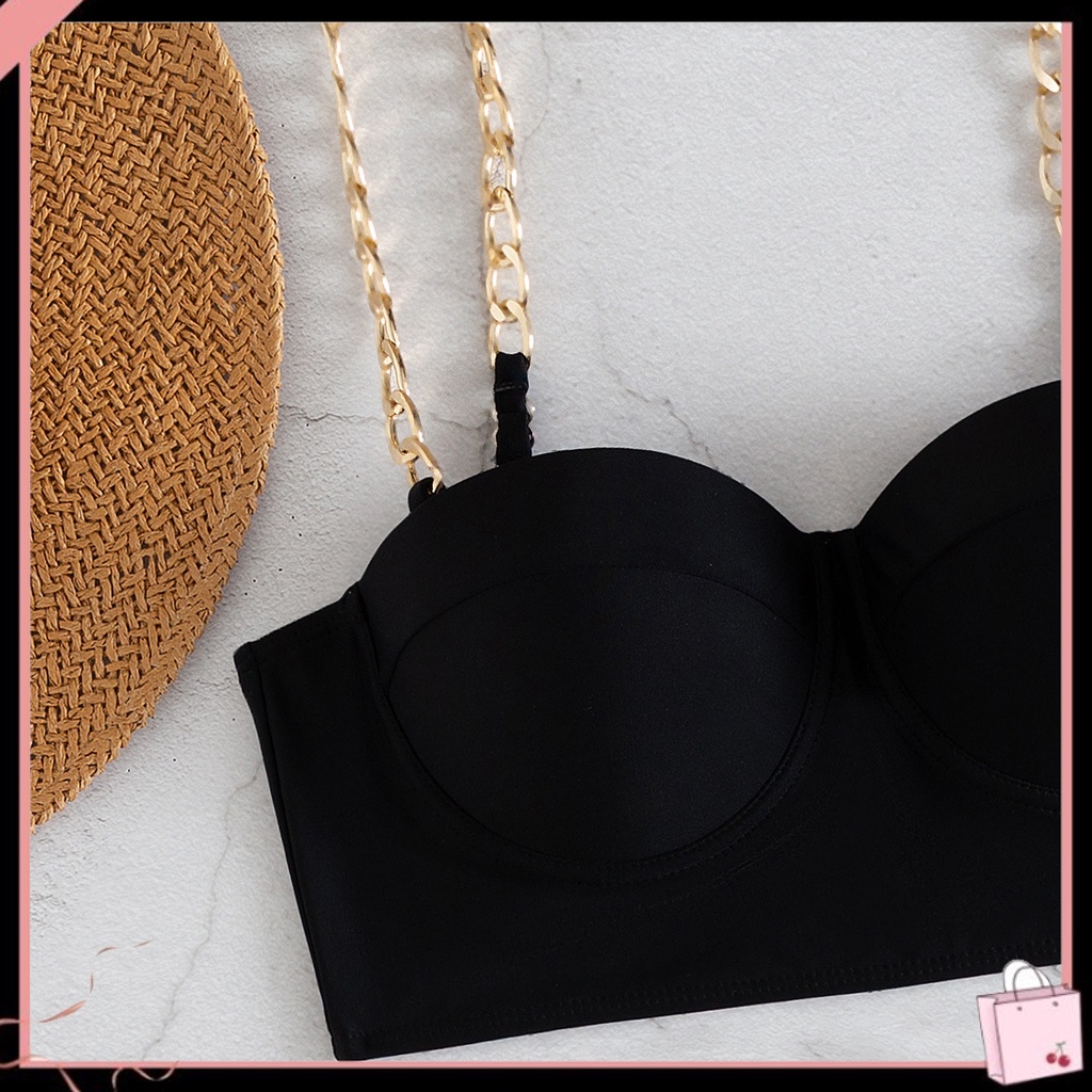 Bộ Bikini 2 Mảnh Màu Đen Dây Kim Loại Có Thể Điều Chỉnh Kích Cỡ