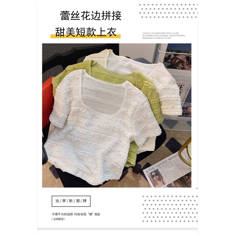 Áo Cổ Tròn Tay Ngắn Phối Ren Thời Trang Mùa Hè 2023 Cho Nữ