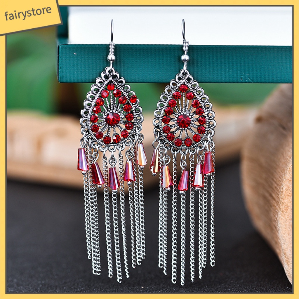 1 Đôi Bông Tai Hình Giọt Nước Đính Đá Phối Tua Rua Phong Cách Vintage