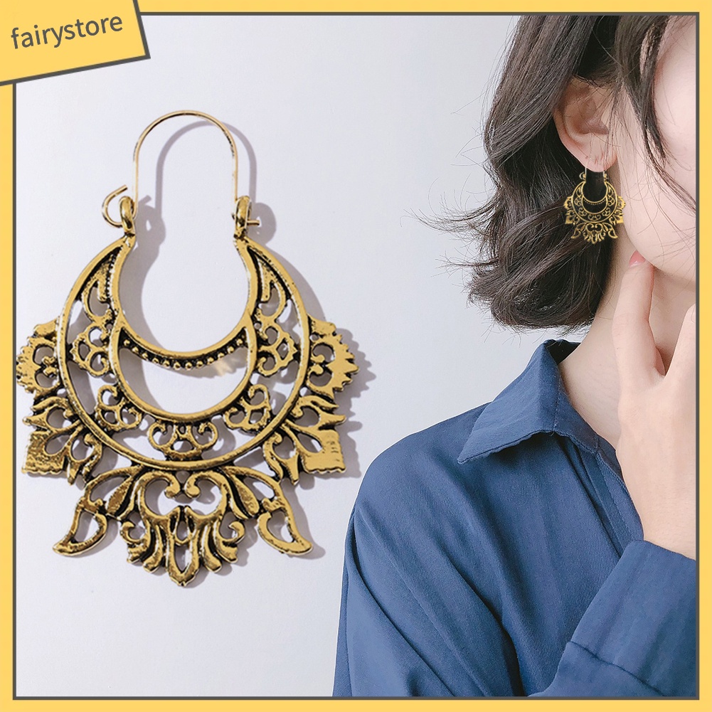 [FRO] Khuyên Tai Hình Bán Nguyệt Chạm Khắc Rỗng Phong Cách Cổ Điển Cho Nữ