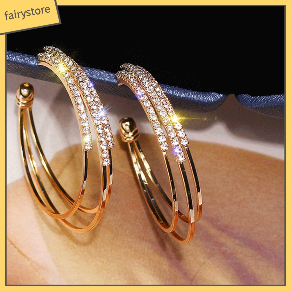 Khuyên Tai Tròn Ba Lớp Đính Đá Tinh Tế Cho Nữ