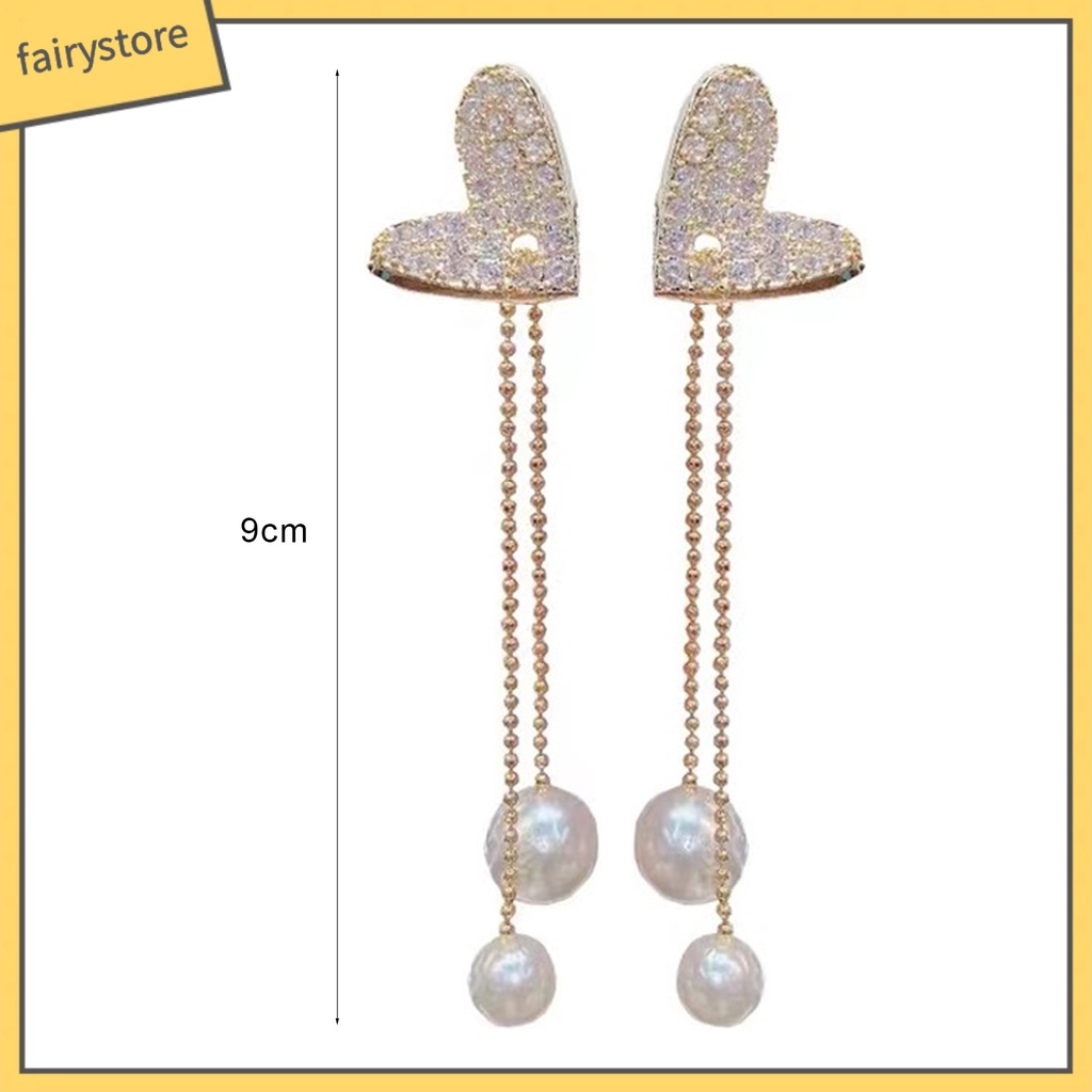 [FRO] Bông Tai Thả Dây Dài Hình Trái Tim Đính Kim Cương Giả Lấp Lánh Thanh Lịch Cho Nữ