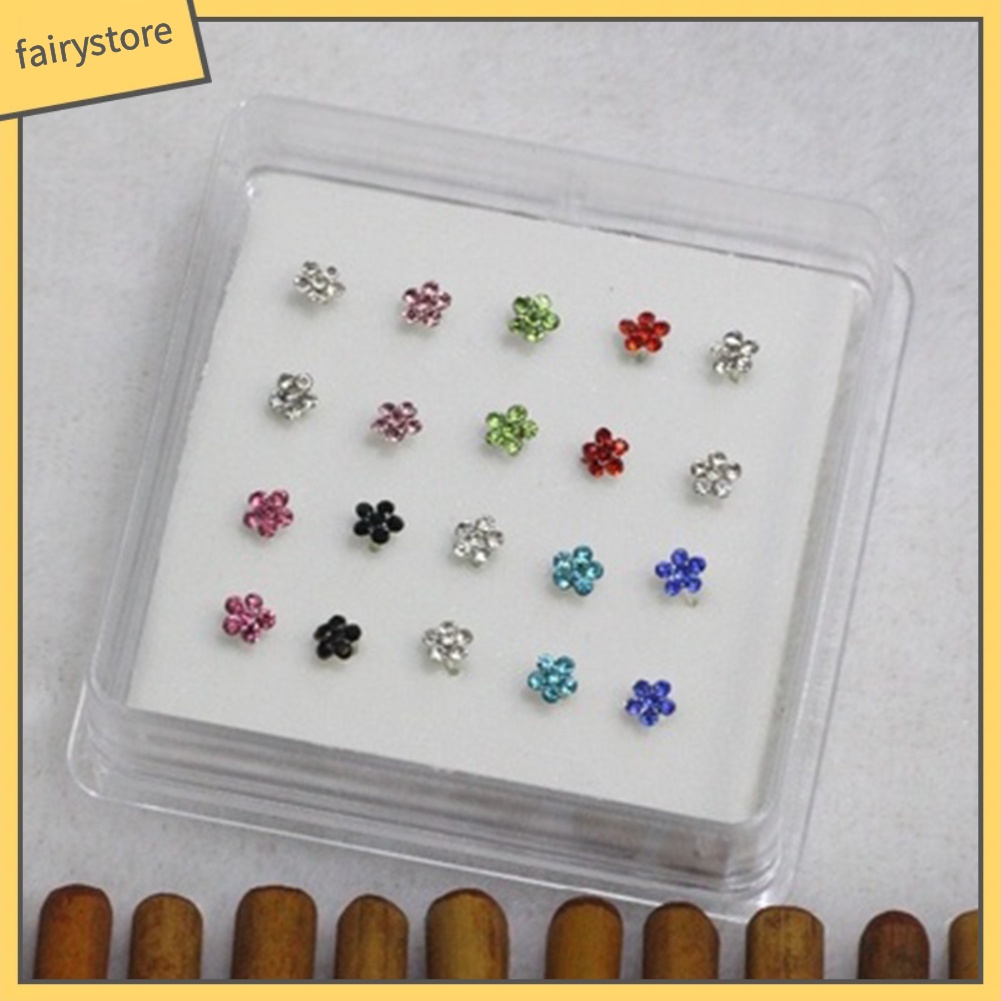 Hộp 20 Khuyên Mũi Mạ Bạc Đính Đá Pha Lê