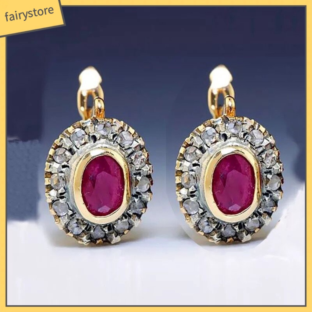 1 Đôi Bông Tai Đính Đá Zircon Đỏ Hình Oval Bằng Hợp Kim Dành Cho Nữ