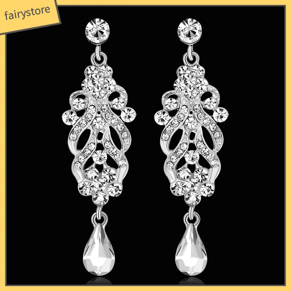 Bông Tai Dáng Dài Hình Hoa Đính Đá Lấp Lánh Cho Cô Dâu