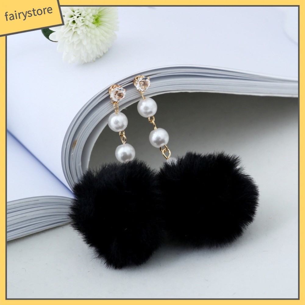 Bông Tai Đính Ngọc Trai Và Bóng Lông Giả Đáng Yêu Cho Nữ