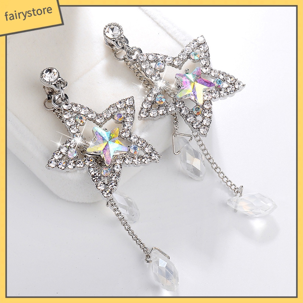 Bông Tai Dáng Dài Đính Đá Zircon Hình Ngôi Sao Phối Tua Rua Thời Trang Cho Nữ