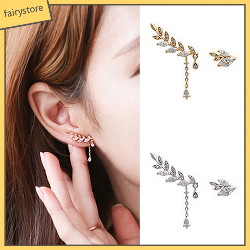 Khuyên Tai Tua Rua Hình Lá Không Đối Xứng Đính Đá Chống Rỉ Sét Cho Nữ
