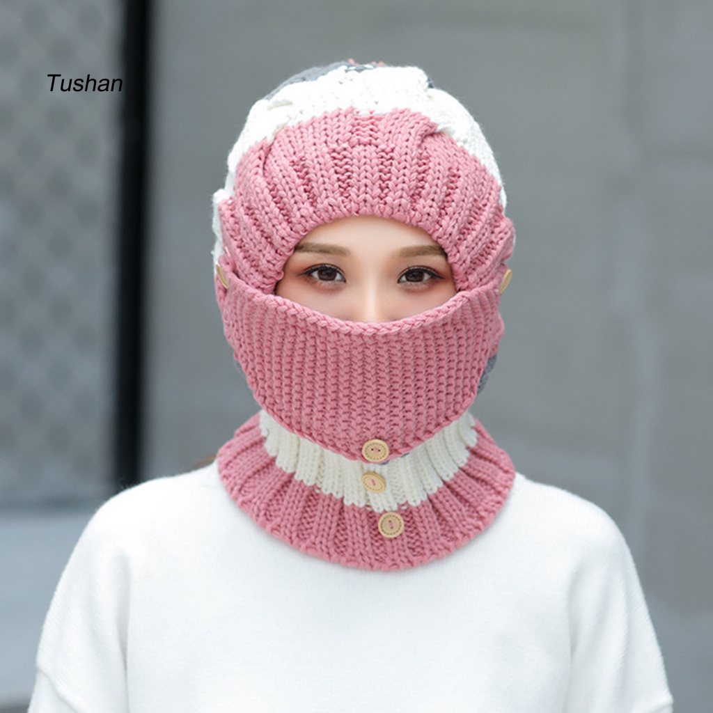 Bộ Mũ Beanie Dệt Kim Dày Dặn Kèm Khăn Choàng Cổ Giữ Ấm Mùa Đông Cho Nữ
