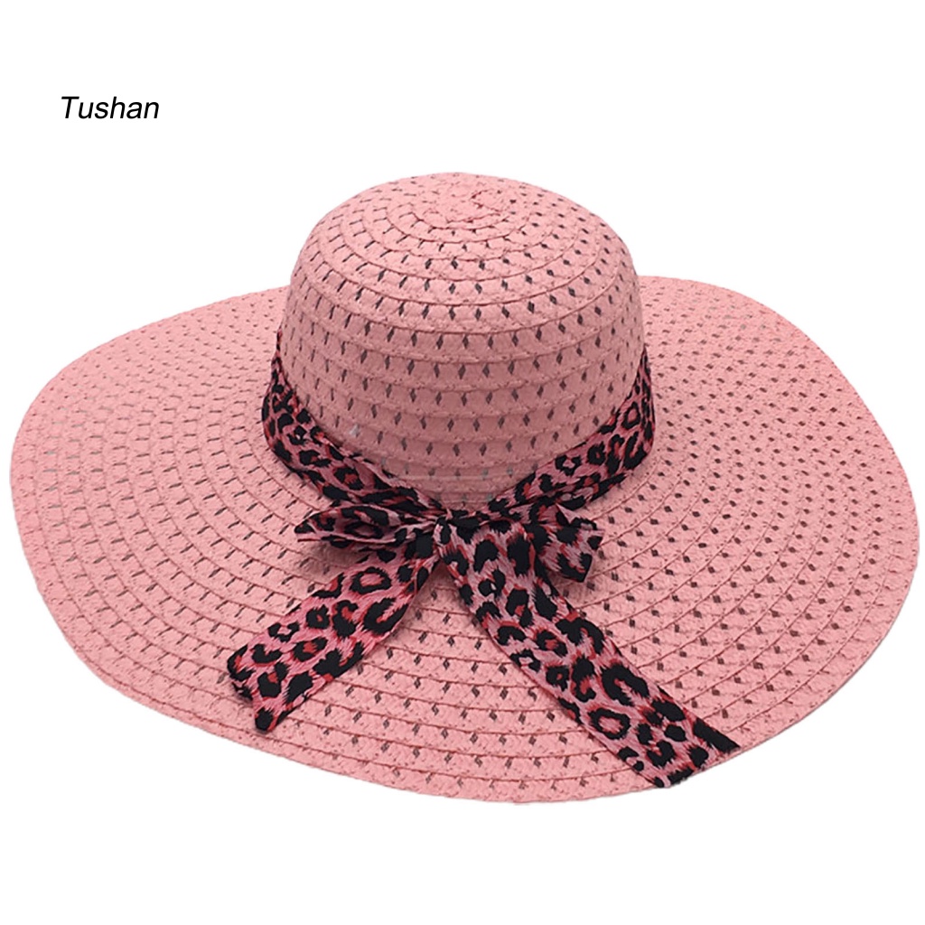 Nón Cối Rộng Vành Phối Nơ Họa Tiết Da Báo Thời Trang Đi Biển Cho Nữ