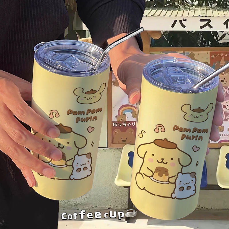 Bình Nước Giữ Nhiệt Bằng Inox Có Ống Hút Hình Chú Chó Pudding Dễ Thương