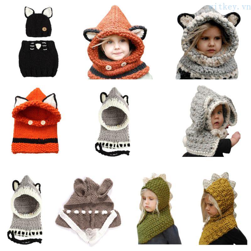 Mũ Dệt Kim Trùm Đầu Kiêm Khăn Choàng Cổ Đính Tai Thú Hoạt Hình Thời Trang Mùa Đông Cho Bé