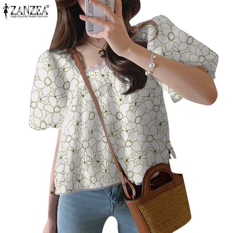 Zanzea Áo Kiểu Tay Phồng Cổ Vuông Xếp Ly In Họa Tiết Phong Cách Hàn Quốc Cho Nữ