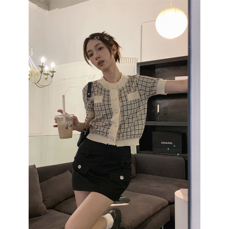 SUXI Áo Dệt Kim Tay Ngắn Dáng Ôm Kẻ Sọc Ca Rô Kiểu Vintage Thời Trang Mùa Hè Cho Nữ