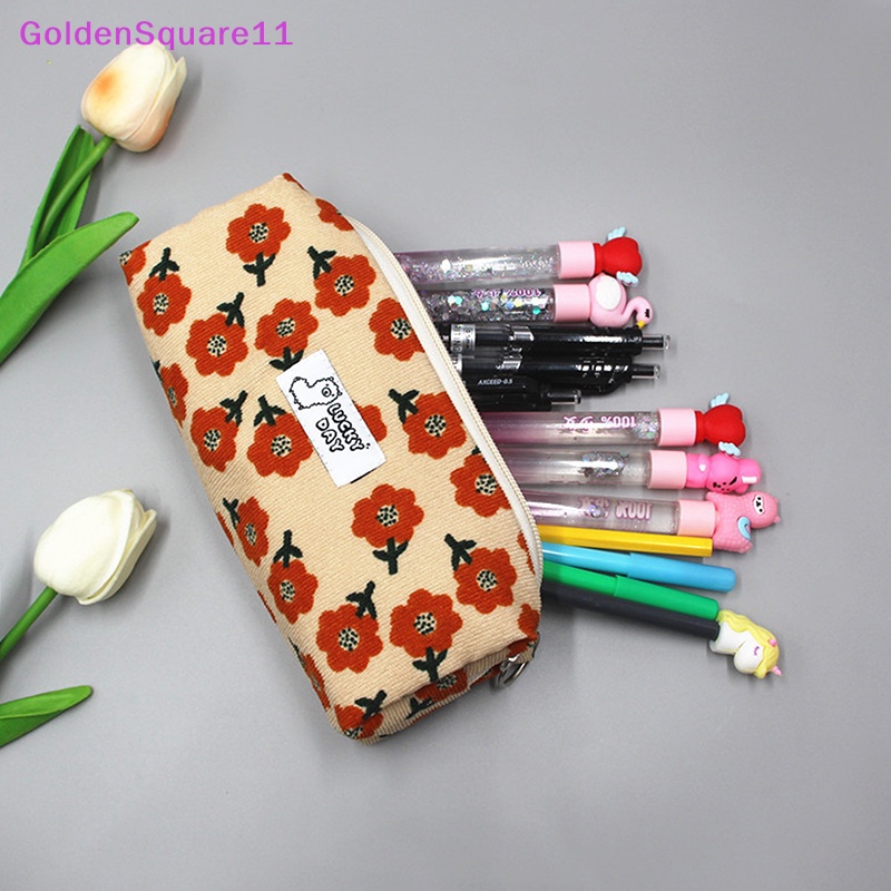 Túi Đựng Mỹ Phẩm / Cọ Trang Điểm Bằng Vải Nhung Kẻ Sọc Hoa Vàng Đồng Hàn Quốc Cho Nữ Sinh
