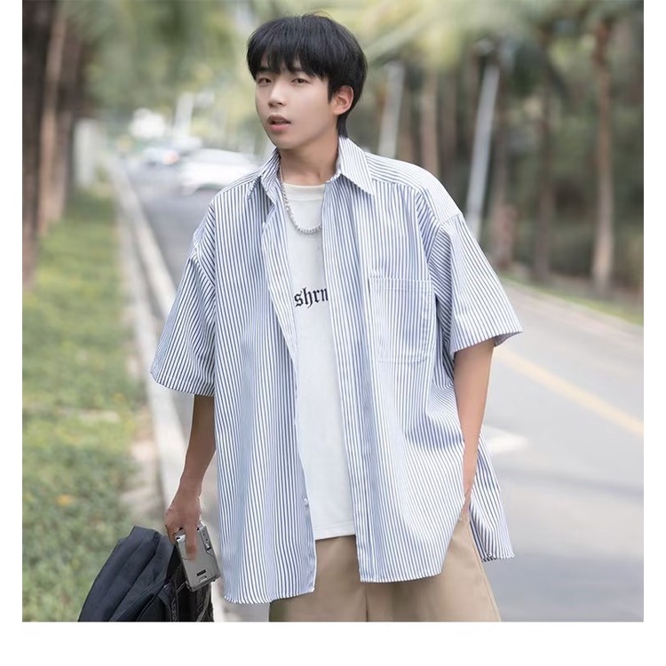 Áo Sơ Mi Tay Ngắn Dáng Rộng Họa Tiết Kẻ Sọc Thời Trang Mùa Hè 2023 Phong Cách Nhật Bản Cho Nam