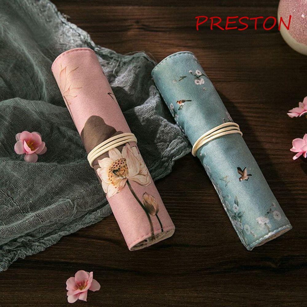 Hộp Bút Canvas Dạng Cuộn In Họa Tiết Chim Hạc Phong Cách Vintage