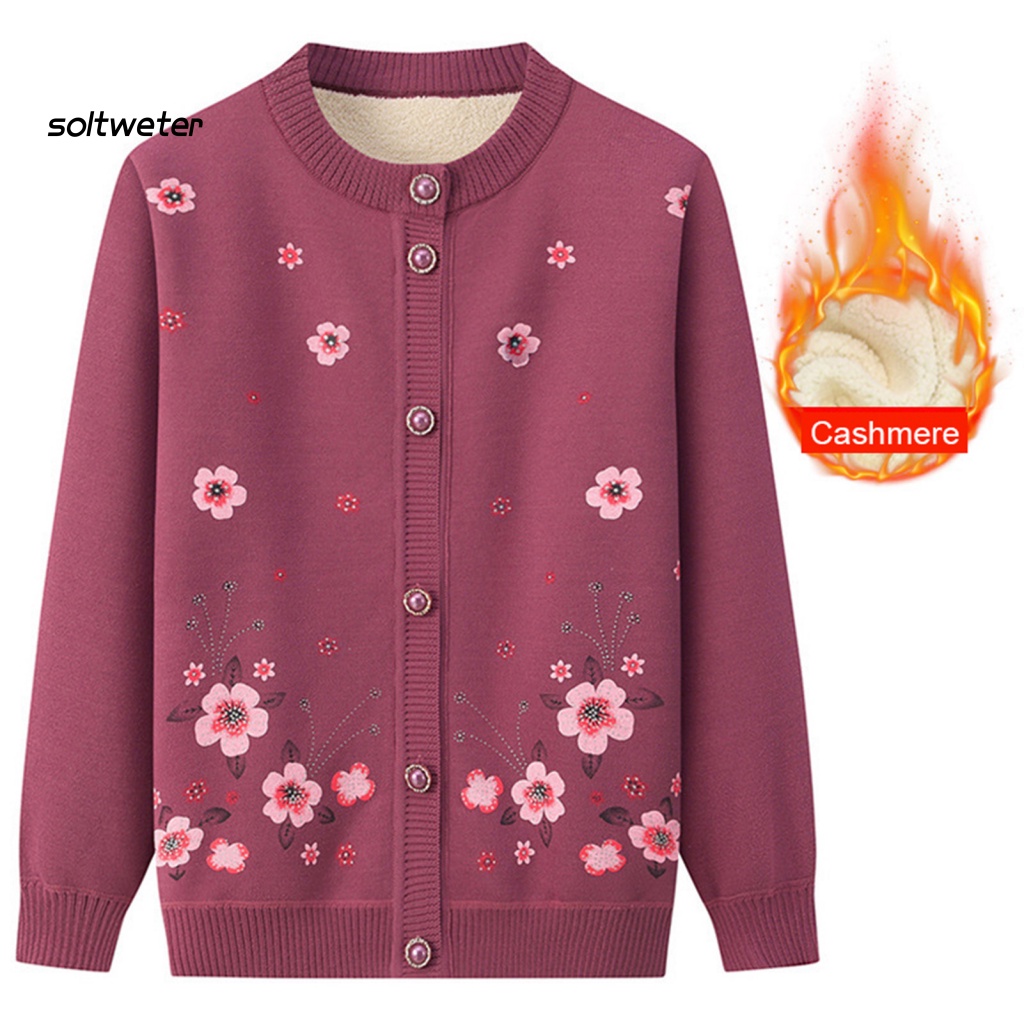 St Áo Khoác Cardigan Mùa Đông Co Giãn Cổ Tròn Cài Khuy In Họa Tiết Hoa Ấm Áp Kích Thước Ngoại Cỡ Cho Bà Mẹ