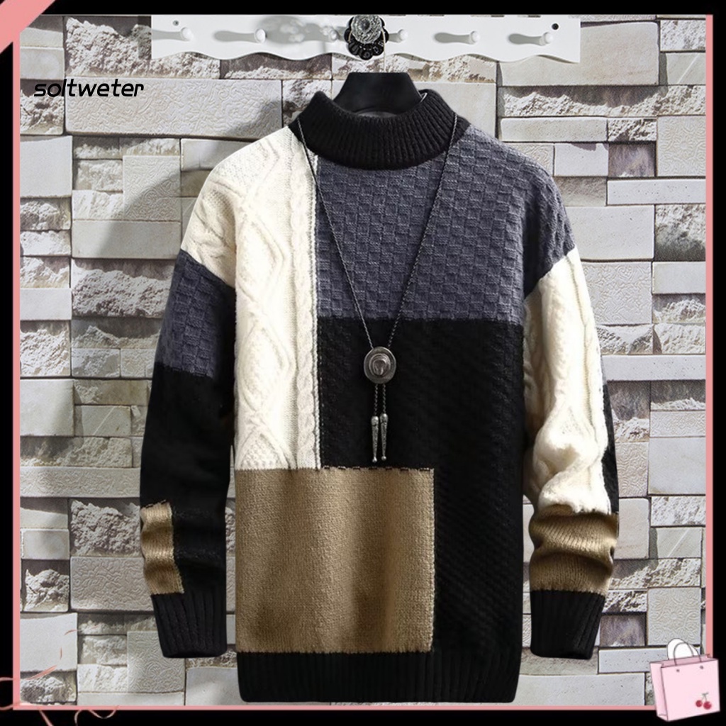 St Áo Sweater Dệt Kim Polyester Tay Dài Màu Sắc Tương Phản Giữ Ấm Mùa Thu Cho Nam