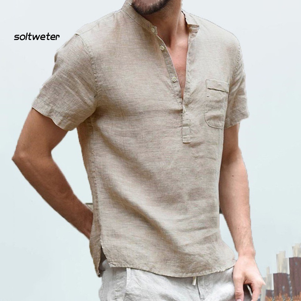 Áo Thun Cổ Đứng Tay Ngắn Màu Trơn Cài Nút Chất Liệu Mau Khô Thời Trang Cho Nam