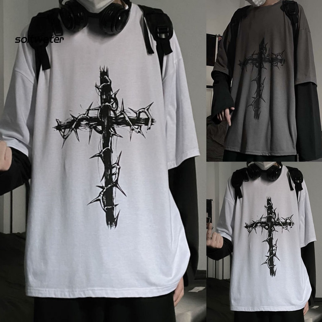 Áo Thun Giả Hai Lớp Màu Tối In Chữ Thập Phong Cách Hip hop Thời Trang Mùa Hè Cho Nam