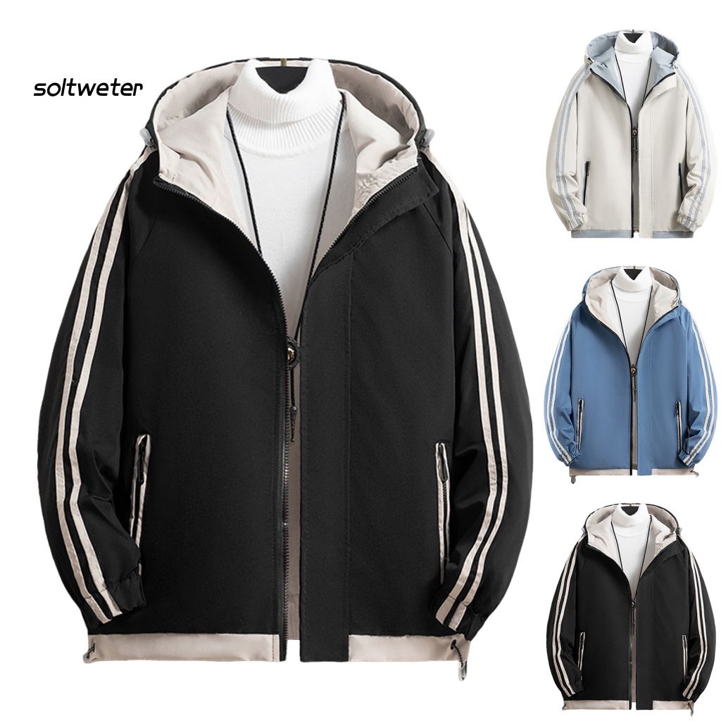 Áo Khoác Nam Tay Dài Có Nón Họa Tiết Kẻ Sọc Có Khóa Kéo Chống Gió Co Giãn Mặc Hàng Ngày