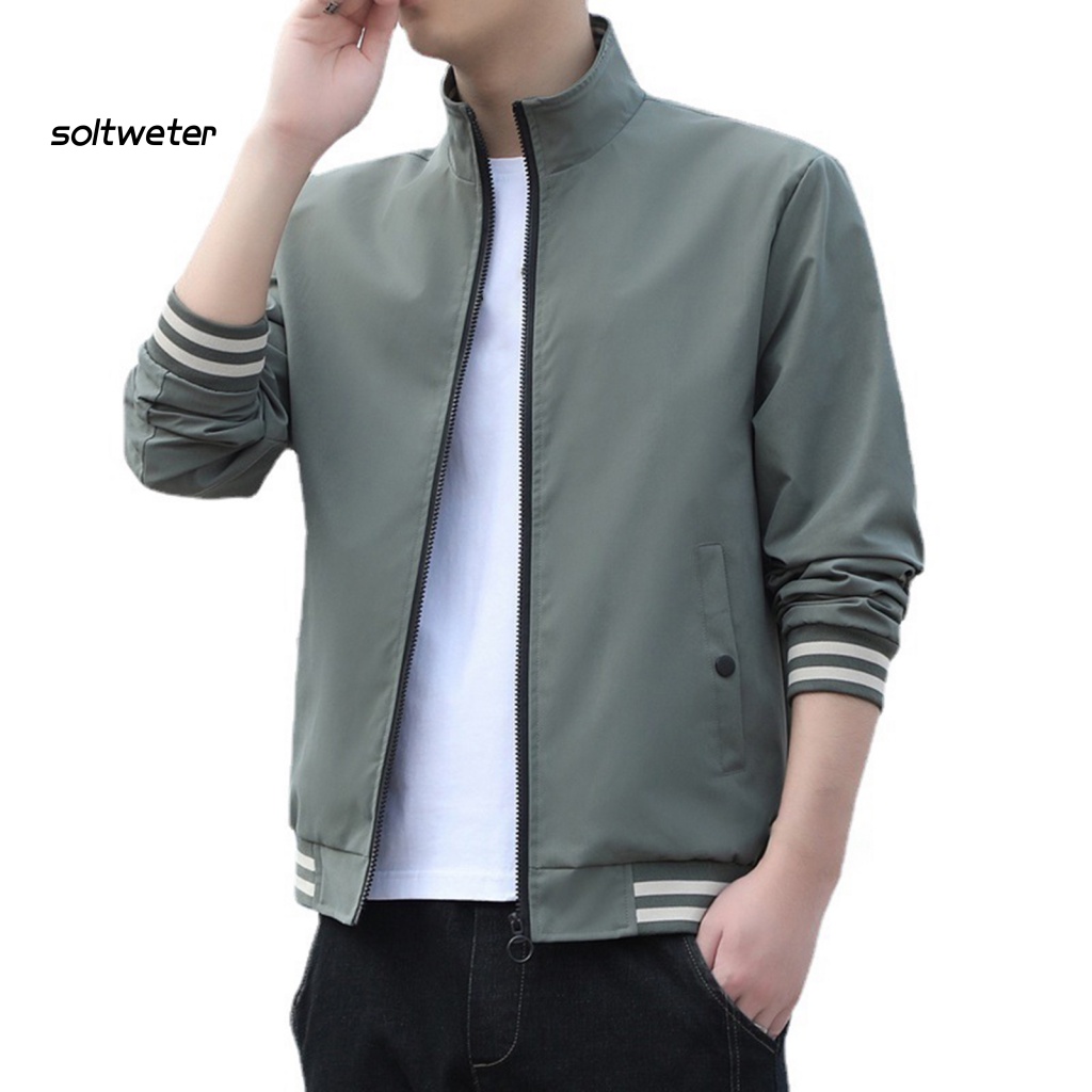 Áo Khoác Cổ Đứng Tay Dài Màu Trơn Giữ Ấm Phối Khóa Kéo Thời Trang Xuân Thu Cho Nam