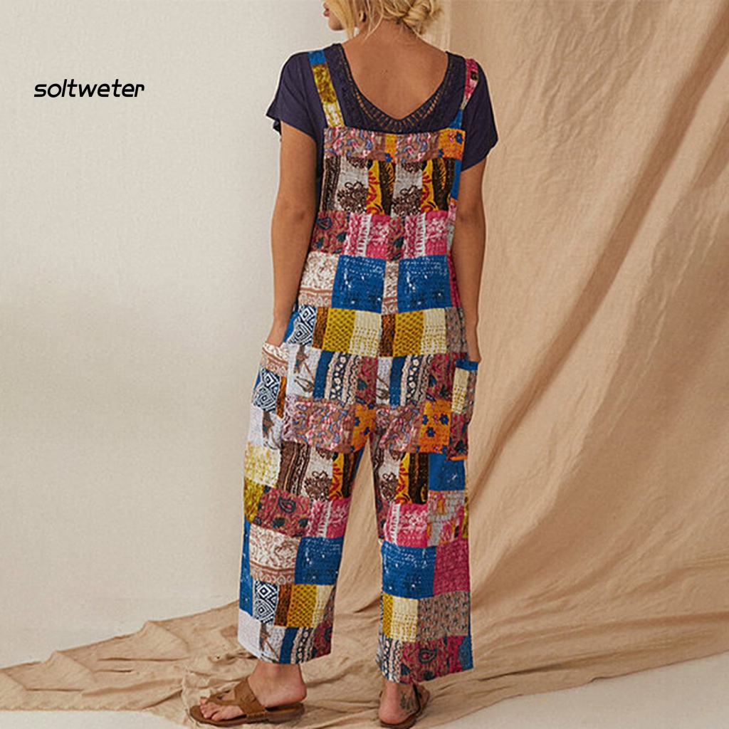 Bộ Áo Liền Quần Ống Rộng In Họa Tiết Phong Cách Bohemian Cổ Điển Thời Trang Đi Biển Cho Nữ