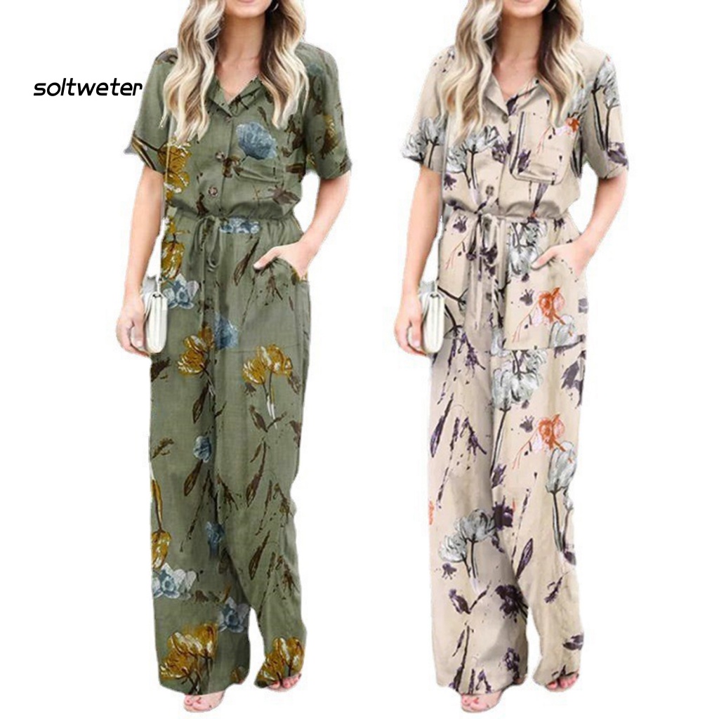 Bộ Áo Liền Quần Cổ Bẻ Tay Ngắn Cổ Bẻ In Họa Tiết Hoa Nhiều Màu Có Dây Rút Thời Trang Cho Nữ