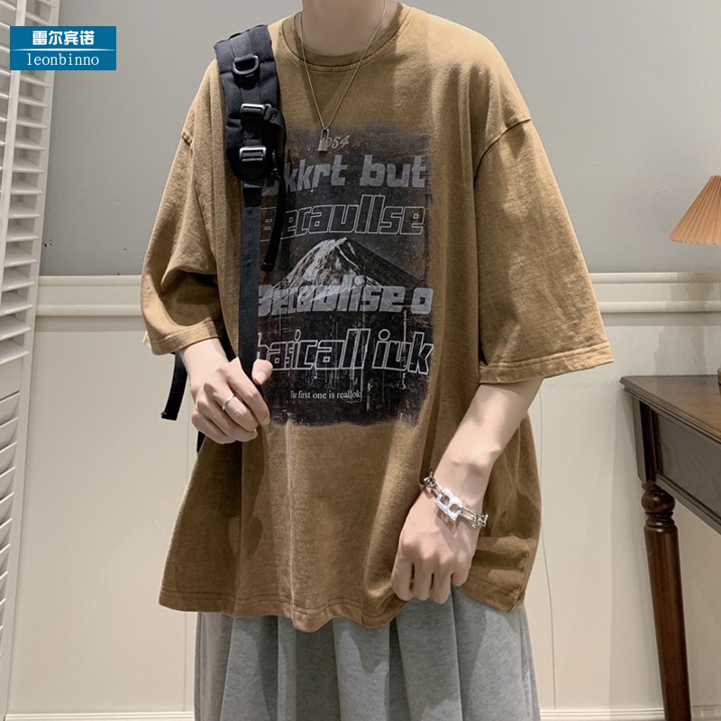 Áo Thun Ngắn Tay Màu Cà Phê In Hình Núi Tuyết Batik Phong Cách Âu Mỹ Cổ Điển Thời Trang Mùa Hè Cho Nam