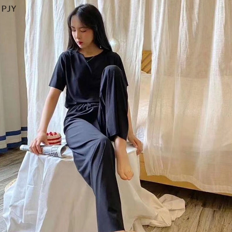 Bộ Đồ Ngủ 2 Món Bằng Lụa Mềm Tay Ngắn Màu Trơn Dáng Rộng Thời Trang Mùa Hè Cho Bạn Gái