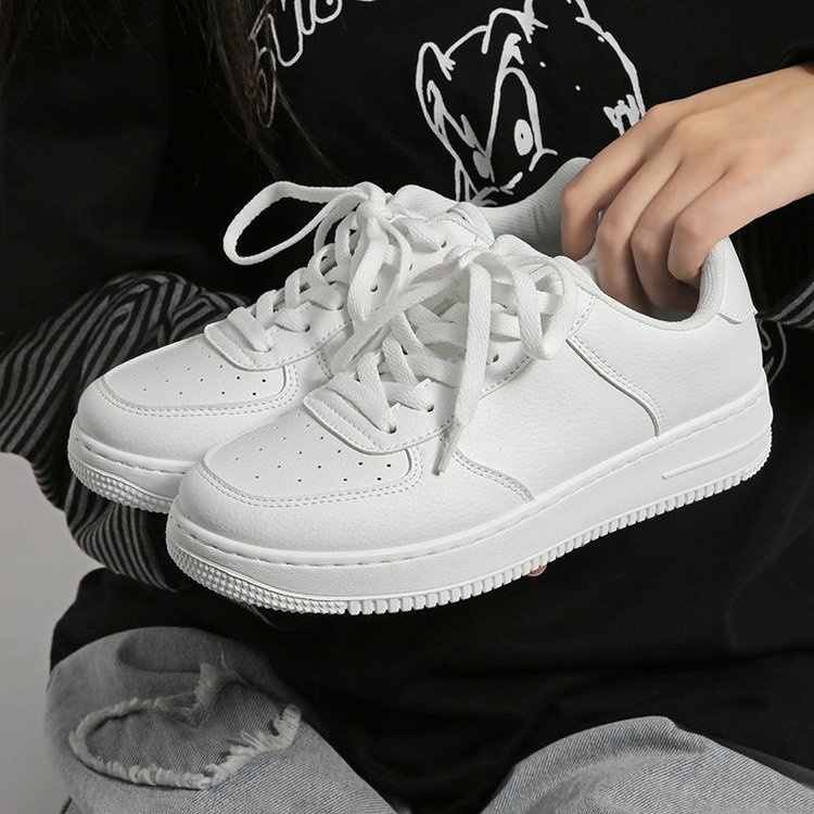 Giày Thể Thao Da PU Cao Su Màu Trắng Đầu Tròn Nhỏ Gọn Nhẹ Nhàng