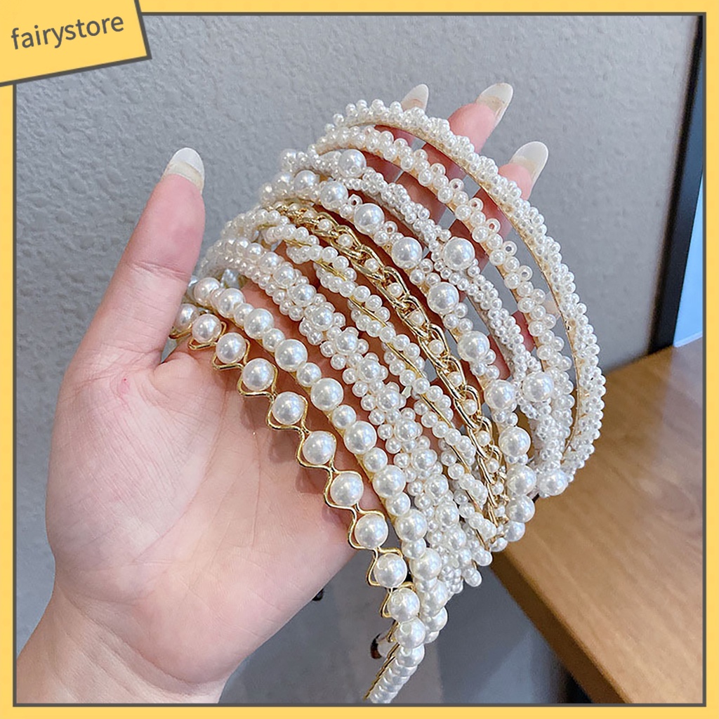 Băng Đô Cài Tóc Đính Ngọc Trai Nhân Tạo Màu Trơn Co Giãn Chống Trượt Trọng Lượng Nhẹ