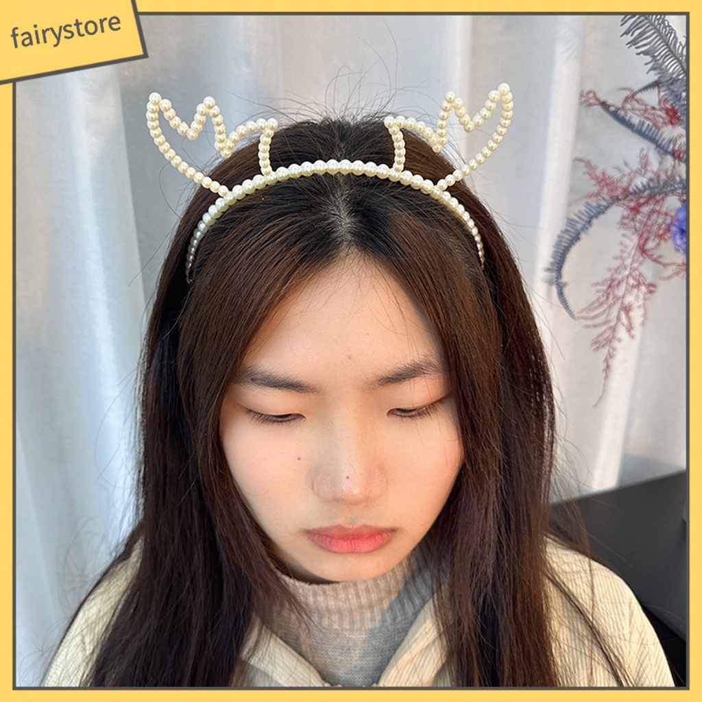 Băng Đô Hình Sừng Hươu Đính Ngọc Trai Giả Màu Trơn Co Giãn Dành Cho Nữ