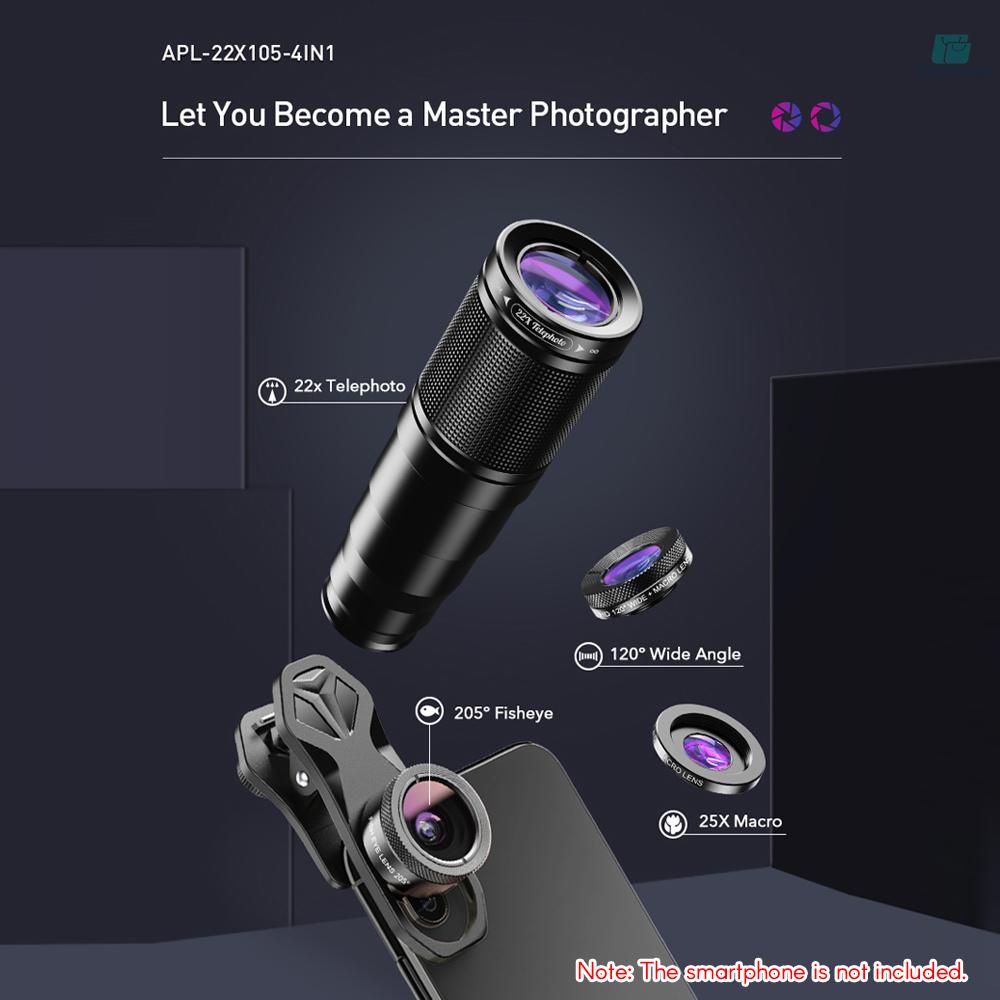 Ống Kính APEXEL APL-22X105-4IN1 Kẹp Máy Ảnh Điện Thoại 22X Lens Fisheye Góc Rộng l Came-6.5