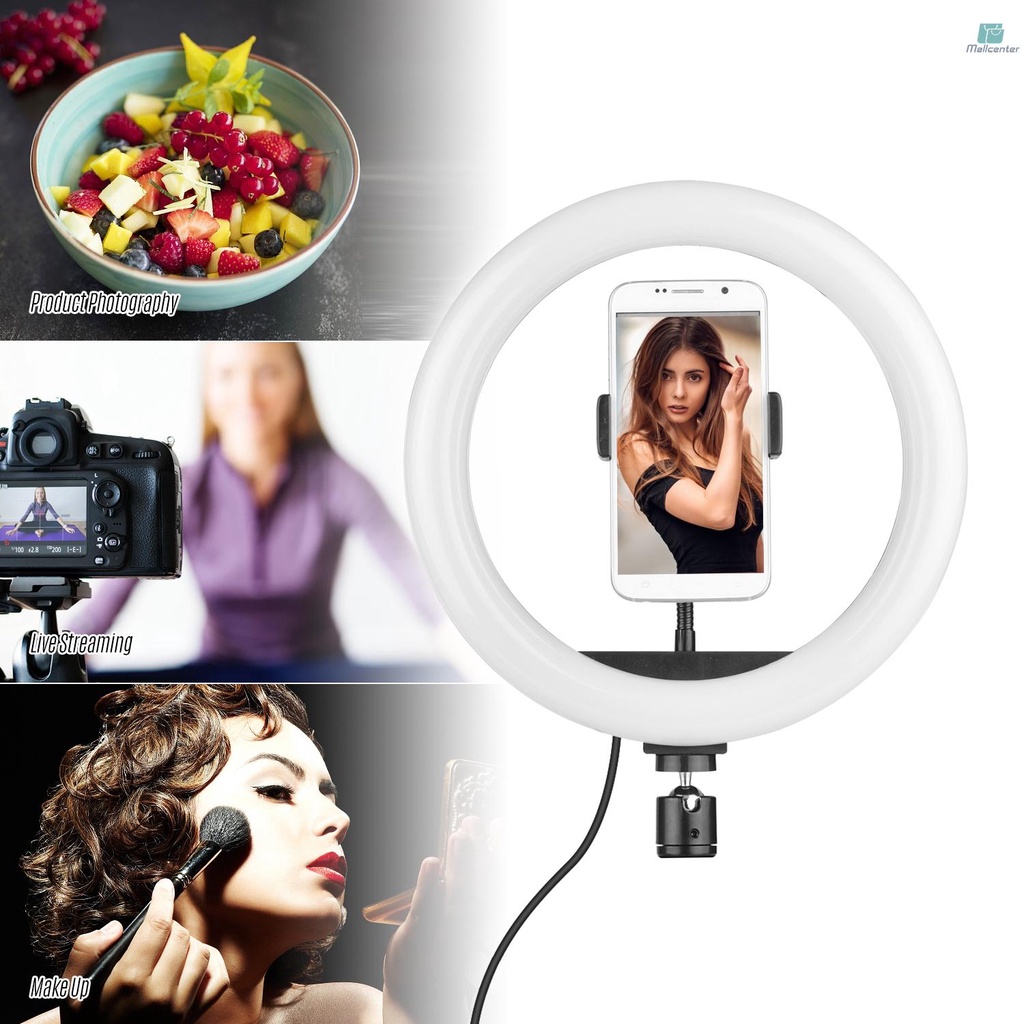 10 Inch LED Ring Light Fill-in Lamp Built-in 120pcs LED Beads 10W Dimmable 2700-5500K Color Temperature with Ballhead Cell Phone Holder Compatible with Samsung Huawei Xiaomi