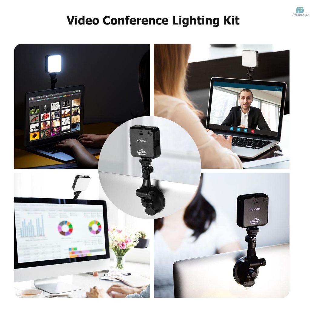 Andoer W64 Video Conference Lighting Kit with 6W Mini Bi-color Vlog LED Light 2500K-6500K Dimmable Rechargeable 3 Cold Shoes + Suction Cup Mount for Laptop Live Streaming Online Meeting