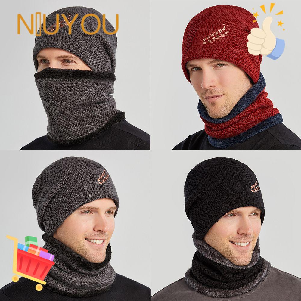 Set Mũ Balaclava Kèm Khăn Choàng Cổ Dệt Kim Thêu Họa Tiết Giữ Ấm Mùa Đông Cho Nam